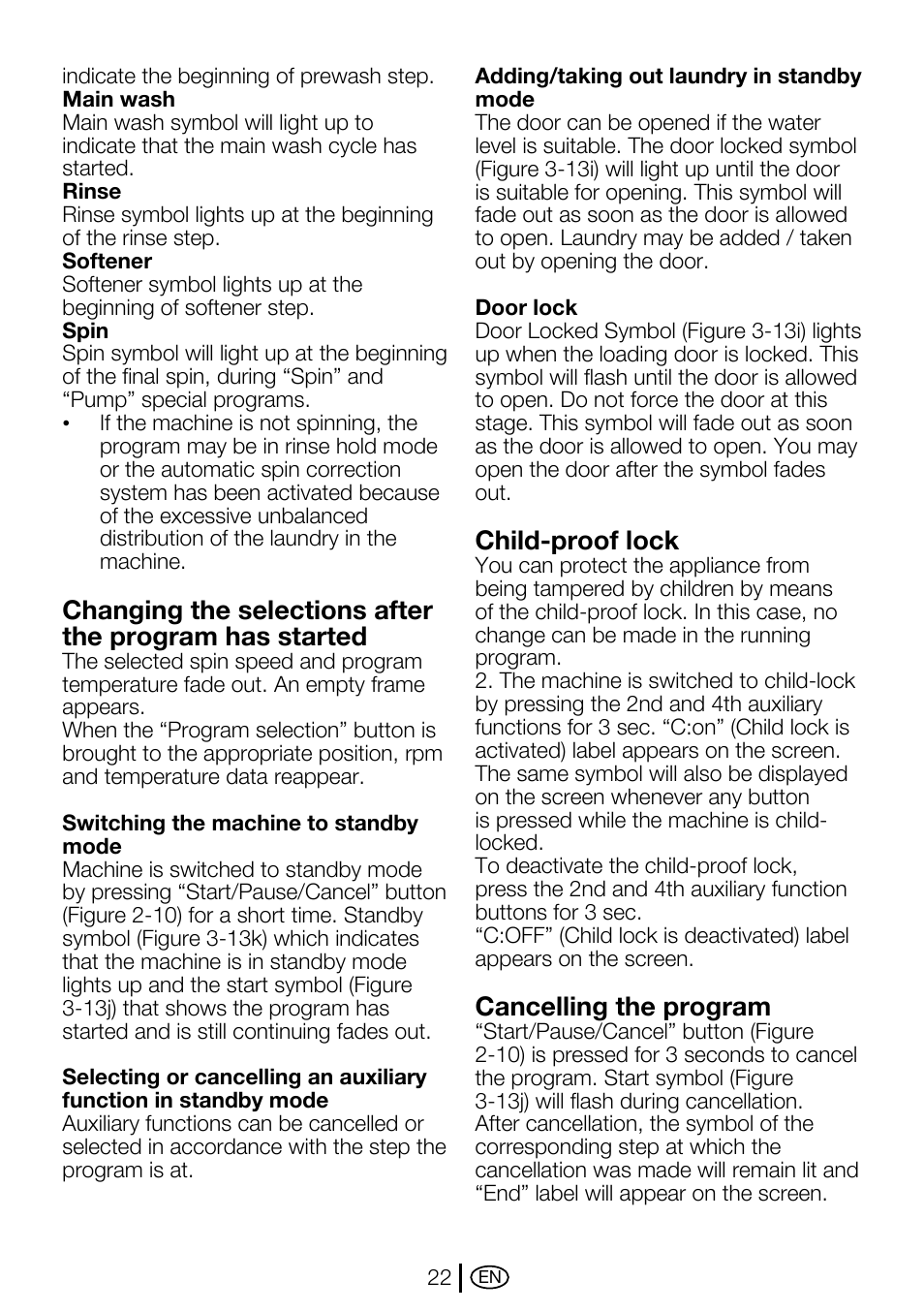 Child-proof lock, Cancelling the program | Beko WMA 657 S User Manual | Page 22 / 36