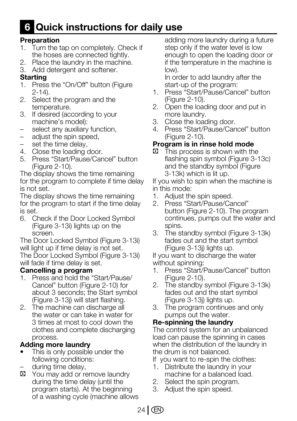 6quick instructions for daily use | Beko WMA 657 S User Manual | Page 24 / 36