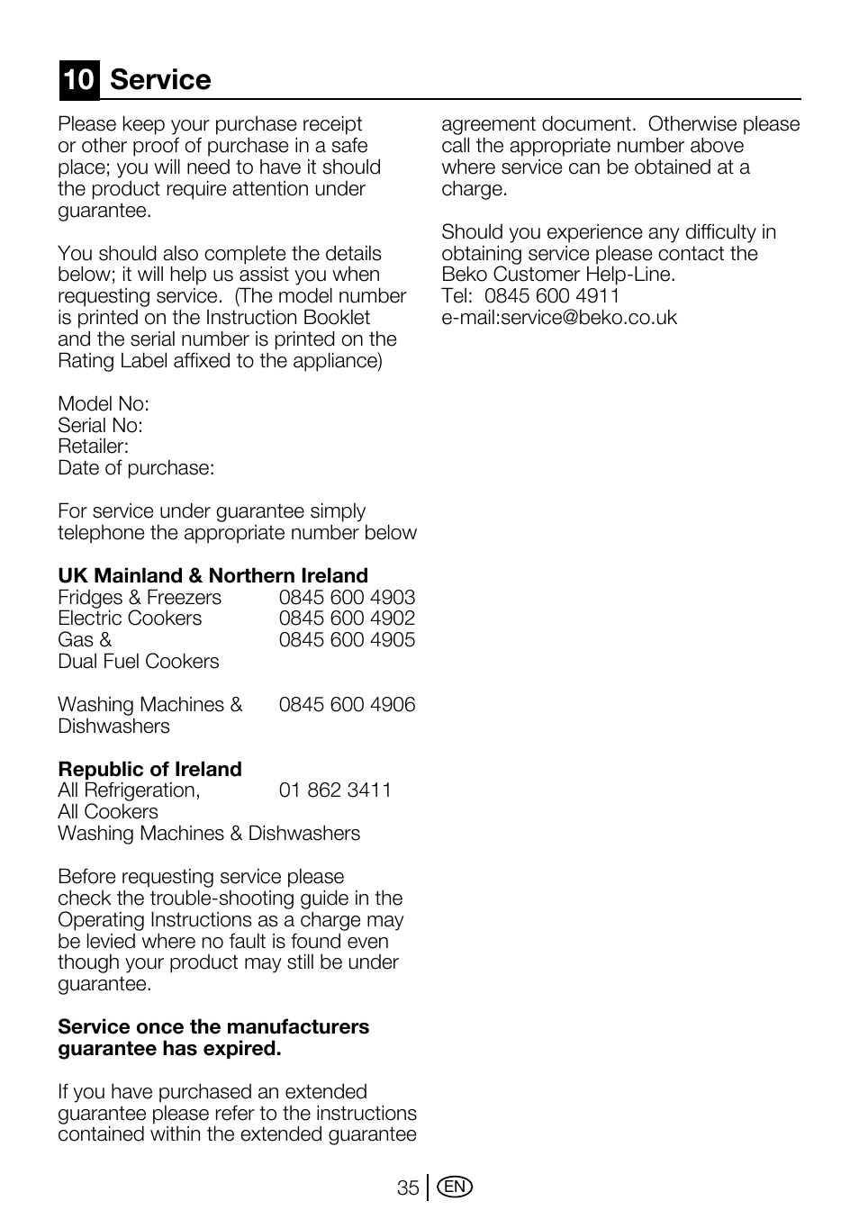 10 service | Beko WMA 657 S User Manual | Page 35 / 36