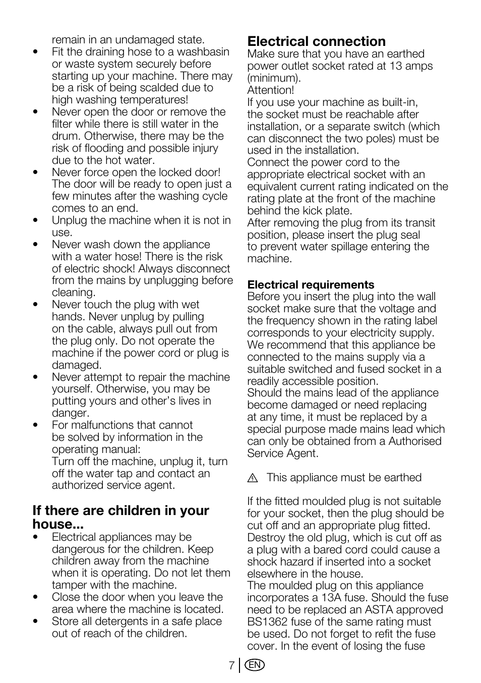 If there are children in your house, Electrical connection | Beko WMA 657 S User Manual | Page 7 / 36