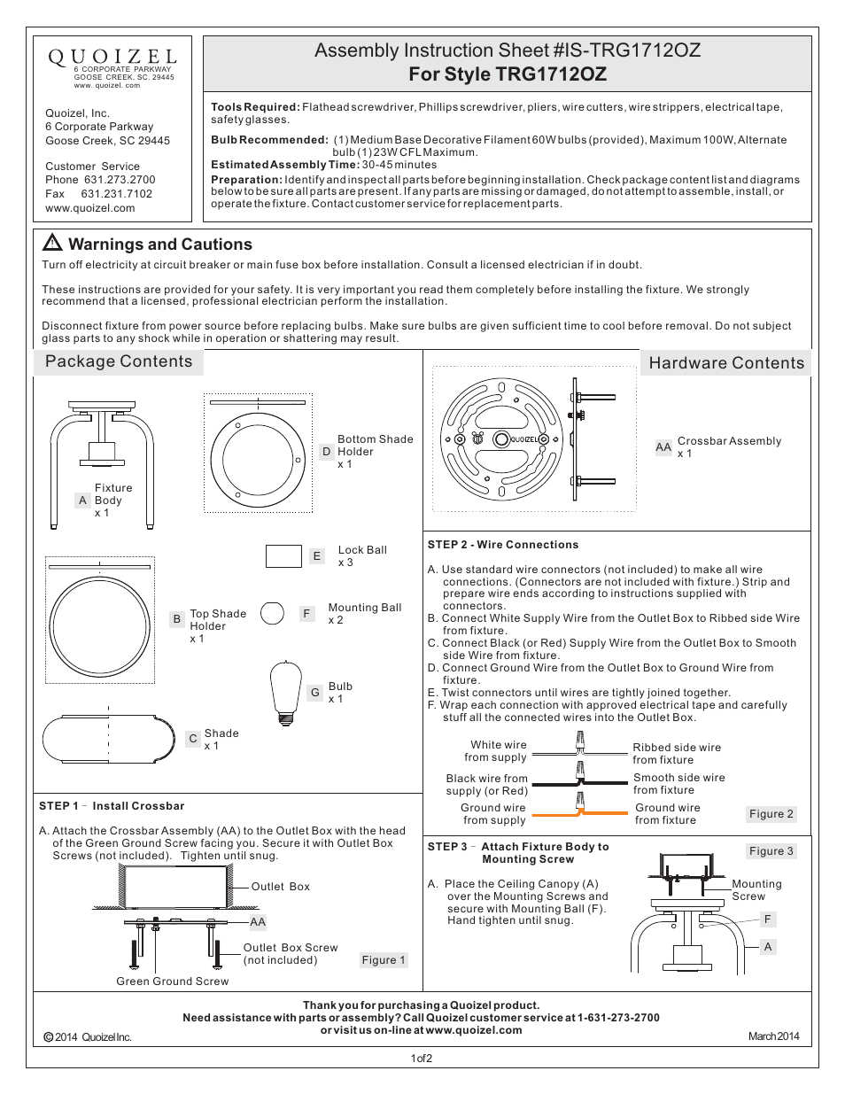 Quoizel TRG1712OZ Trilogy User Manual | 2 pages