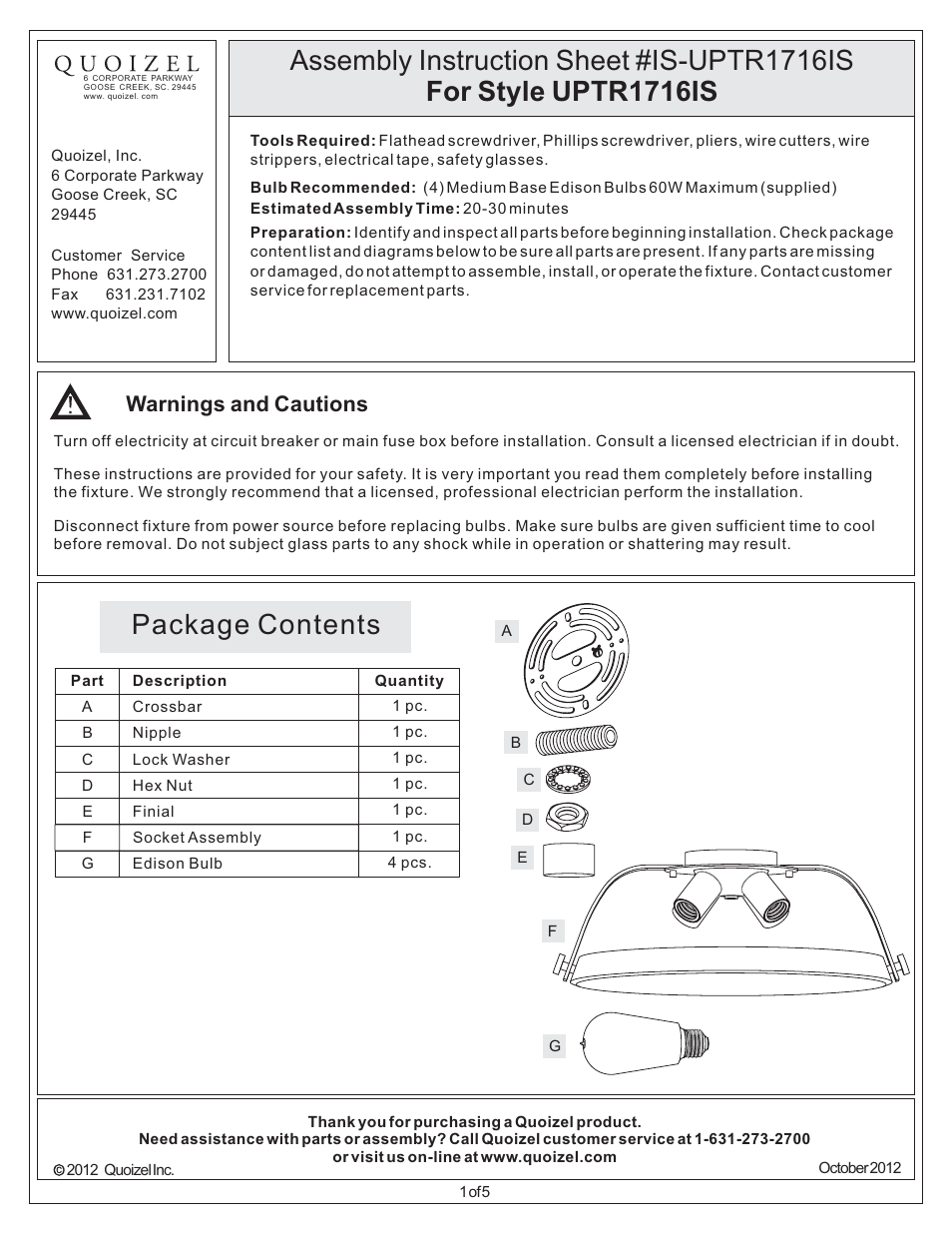 Quoizel UPTR1716IS Uptown Theater Row User Manual | 5 pages