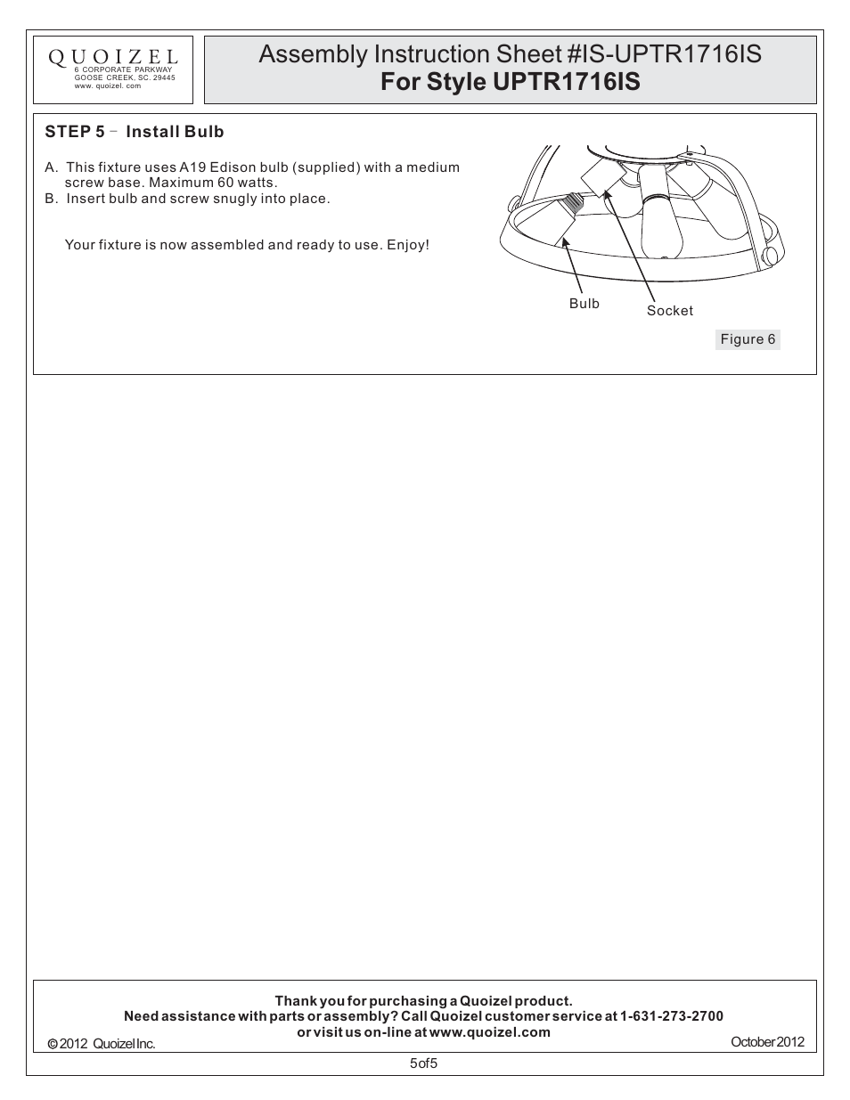 Quoizel UPTR1716IS Uptown Theater Row User Manual | Page 5 / 5