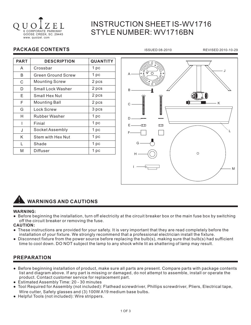 Quoizel WV1716BN Waverly User Manual | 3 pages