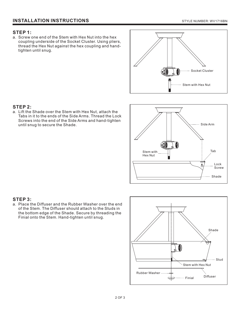 Installation instructions, Step 1, Step 2 | Step 3 | Quoizel WV1716BN Waverly User Manual | Page 2 / 3