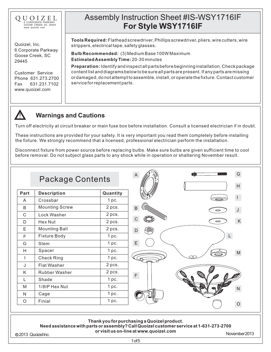 Quoizel WSY1716IF Wesley User Manual | 5 pages