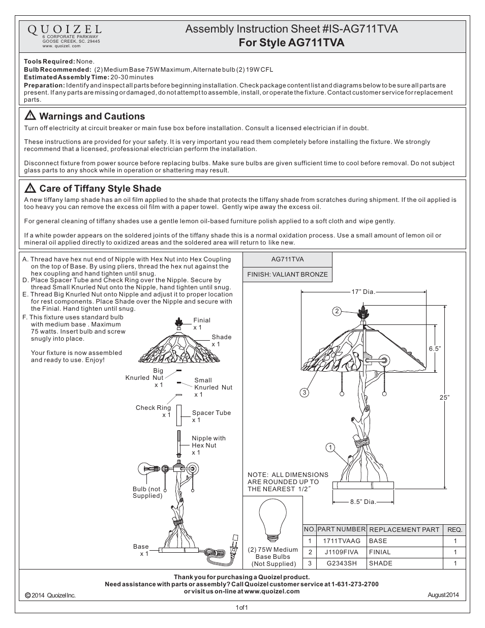 Quoizel AG711TVA Agate Portable User Manual | 1 page