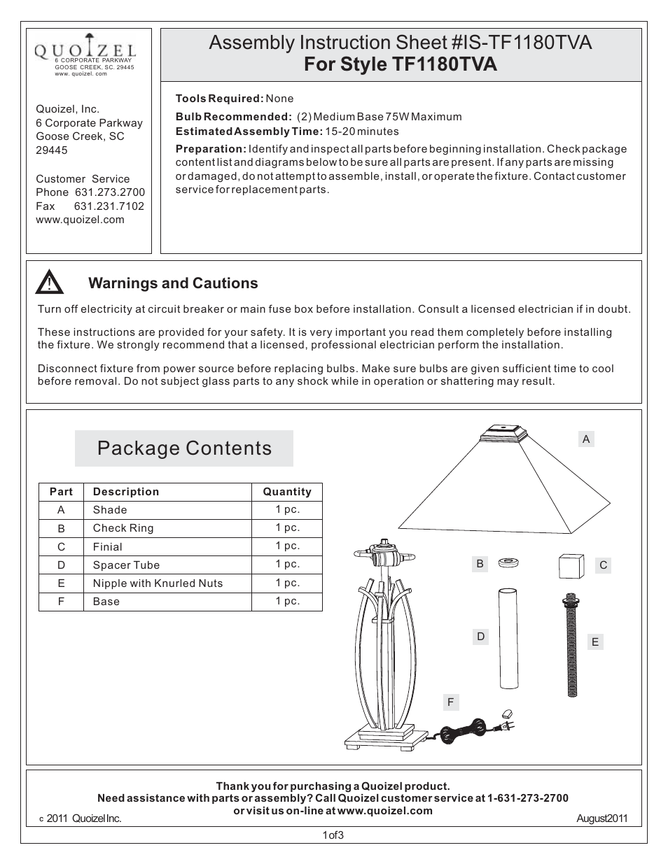 Quoizel TF1180TVA Asheville User Manual | 3 pages