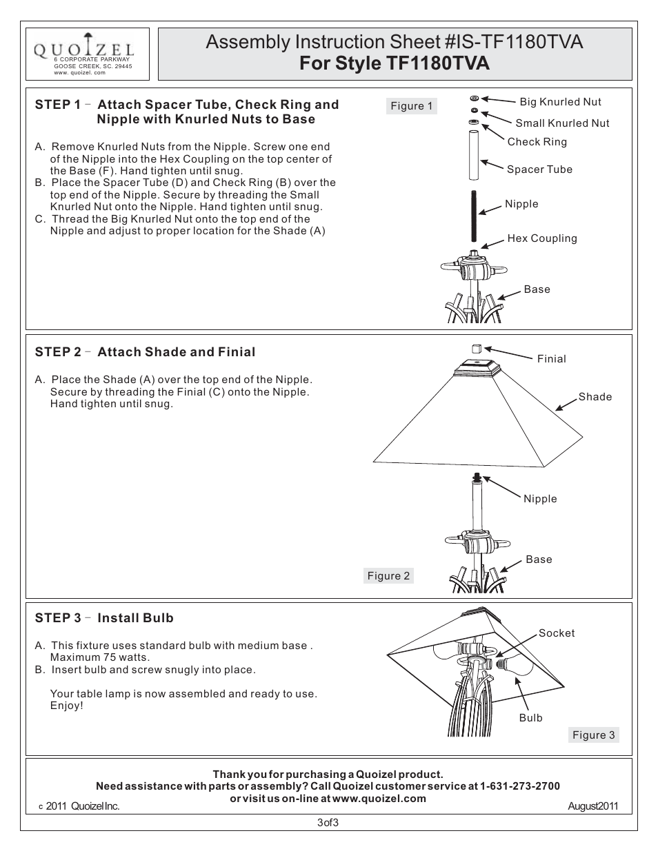 Quoizel TF1180TVA Asheville User Manual | Page 3 / 3