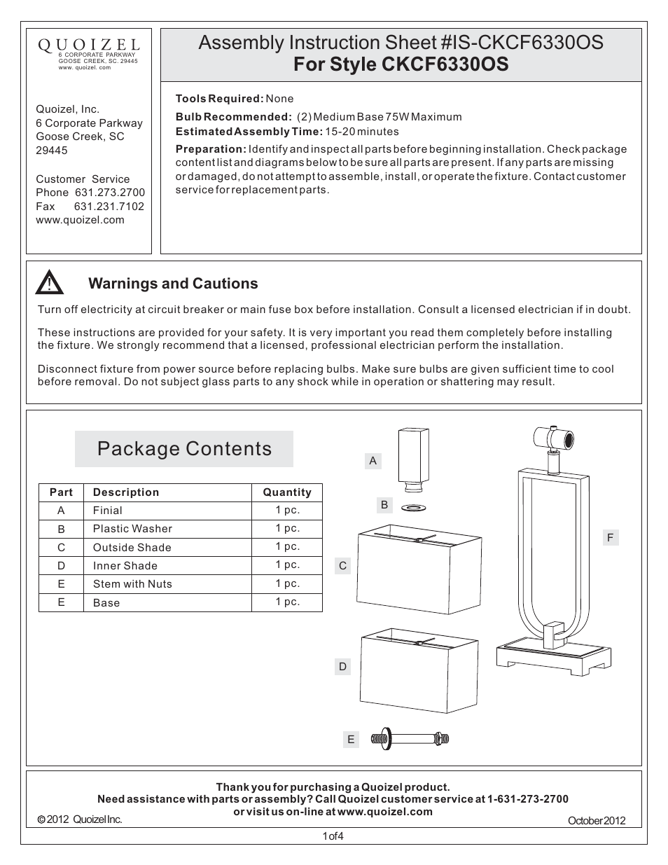 Quoizel CKCF6330OS Confetti User Manual | 4 pages