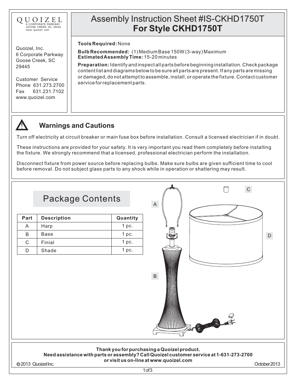 Quoizel CKHD1750T Hardin User Manual | 3 pages