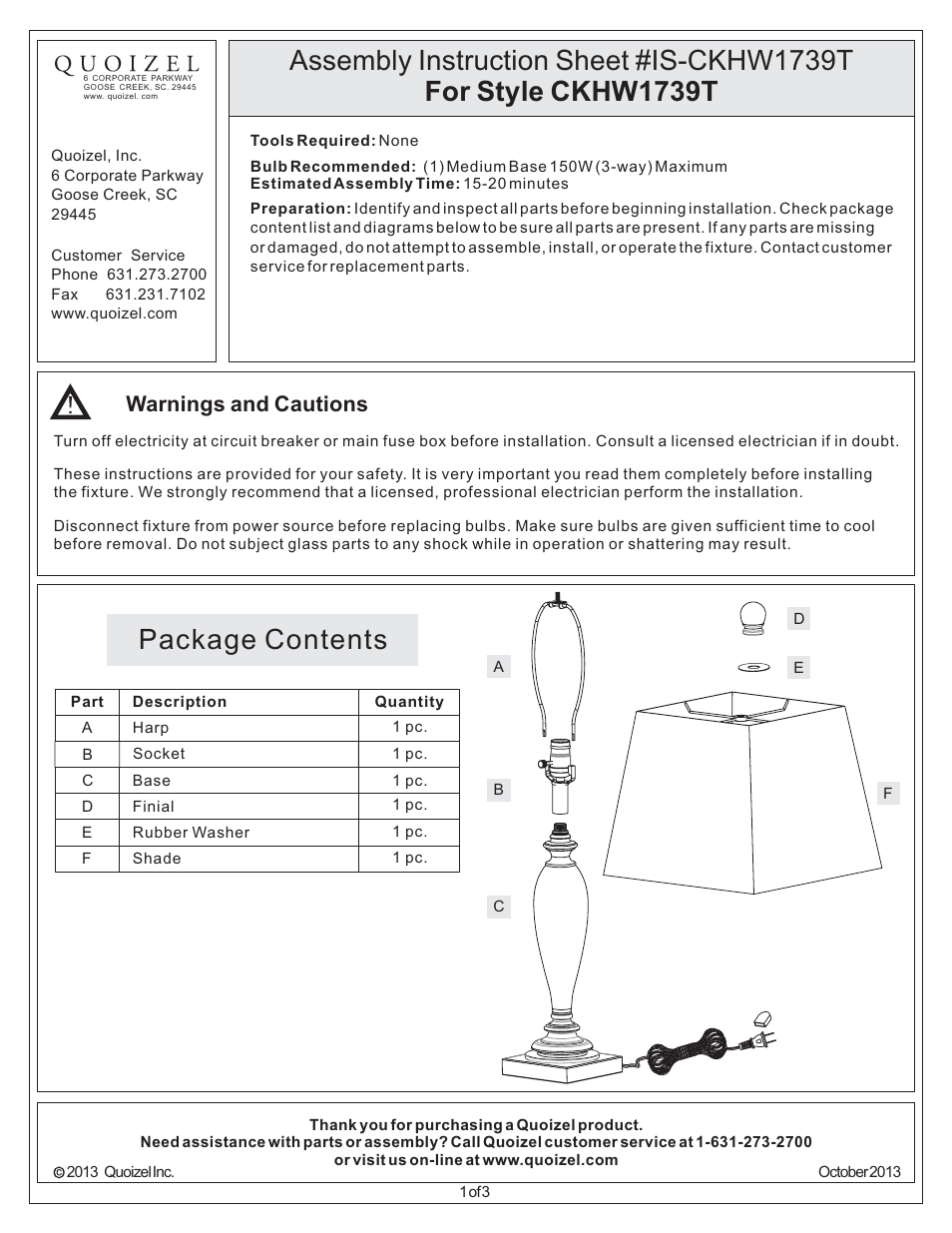 Quoizel CKHW1739T Harpswell User Manual | 3 pages