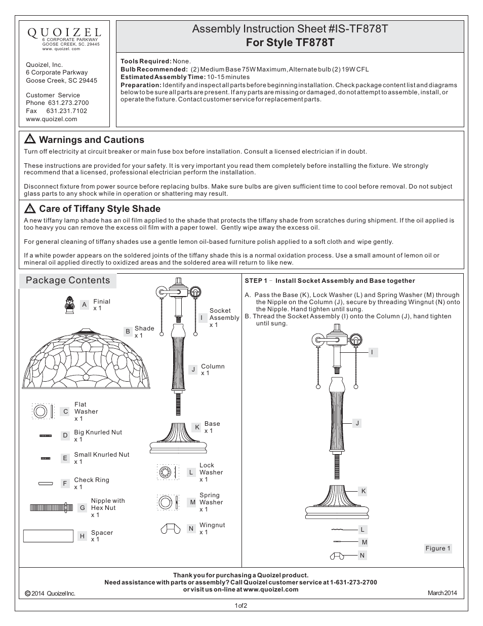 Quoizel TF878T Kami User Manual | 2 pages