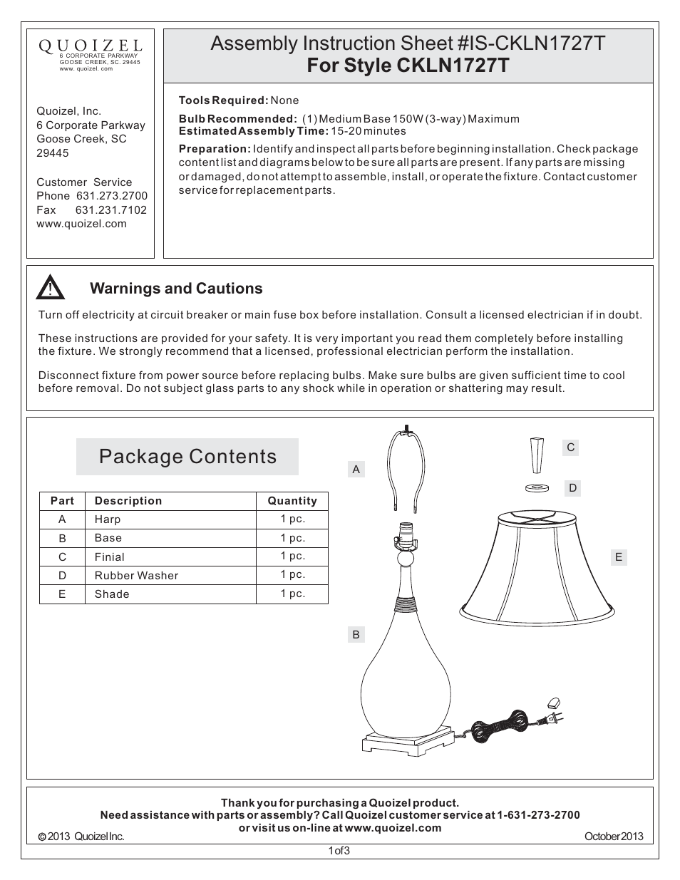 Quoizel CKLN1727T Kellen User Manual | 3 pages