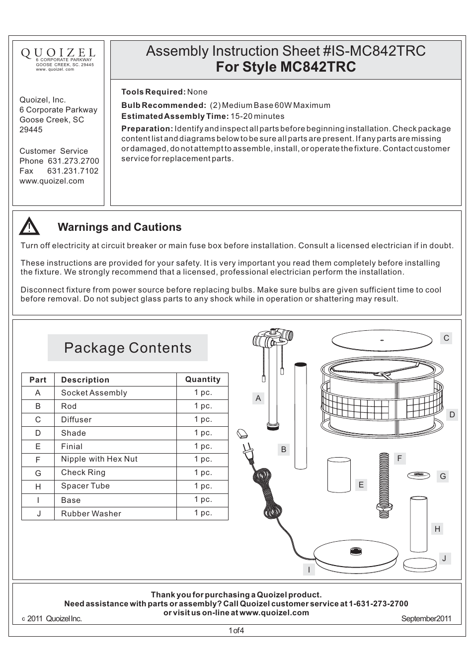 Quoizel MC842TRC Laguna User Manual | 4 pages