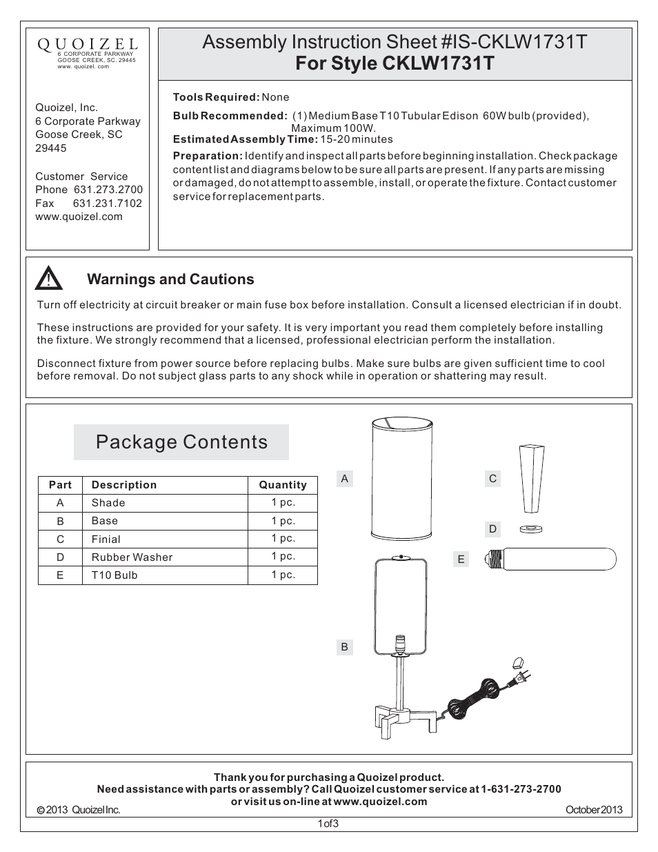 Quoizel CKLW1731T Longview User Manual | 3 pages