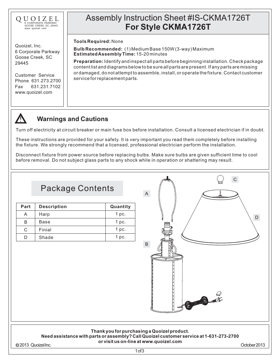 Quoizel CKMA1726T Margate User Manual | 3 pages