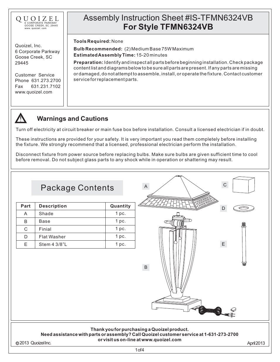 Quoizel TFMN6324VB Mason User Manual | 4 pages