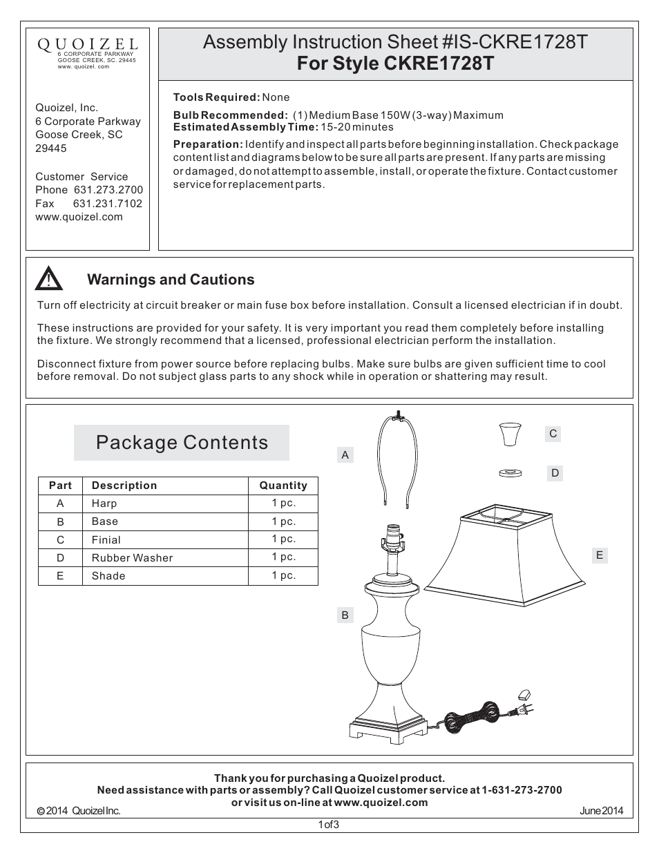 Quoizel CKRE1728T Meret User Manual | 3 pages