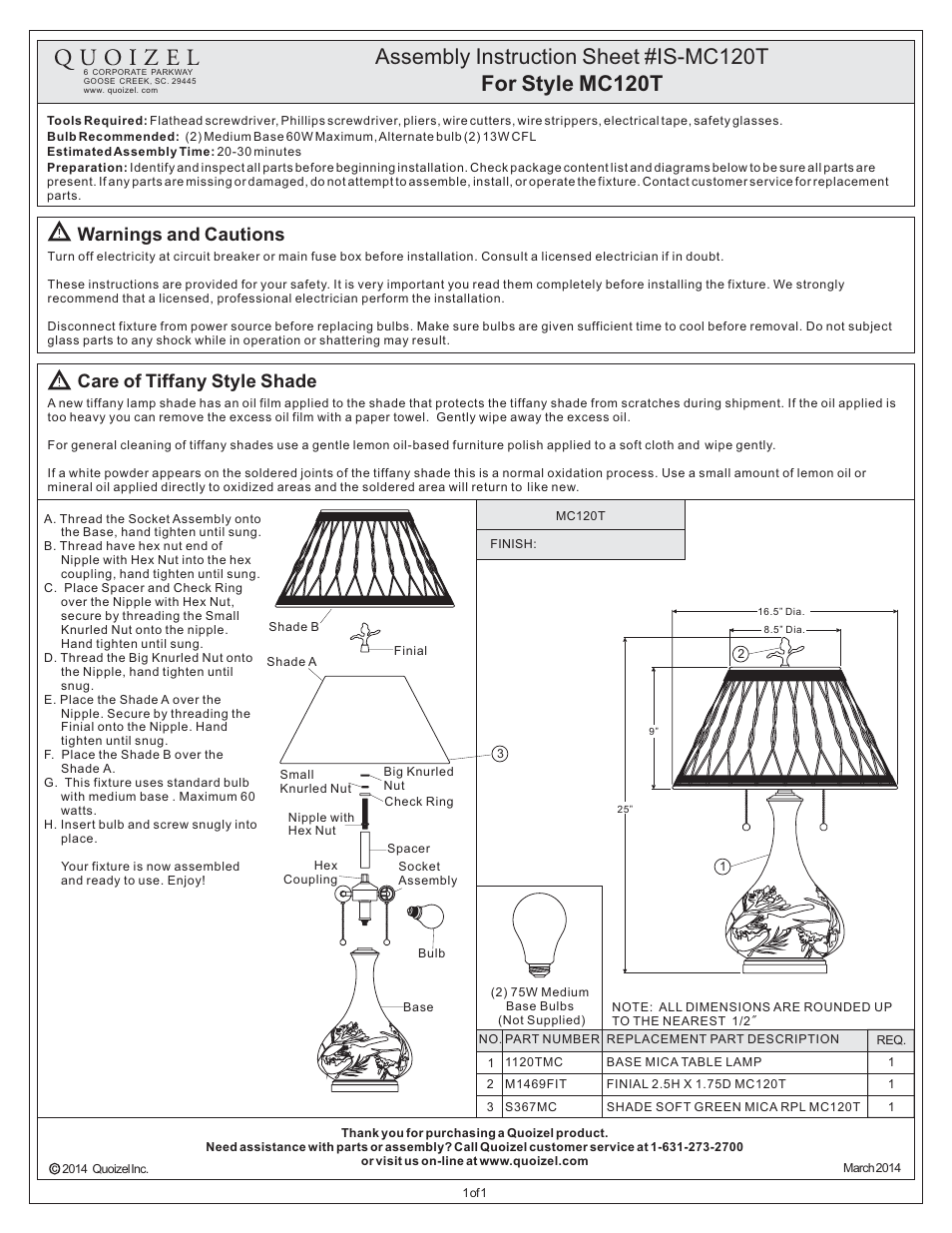 Quoizel MC120T Mica User Manual | 1 page