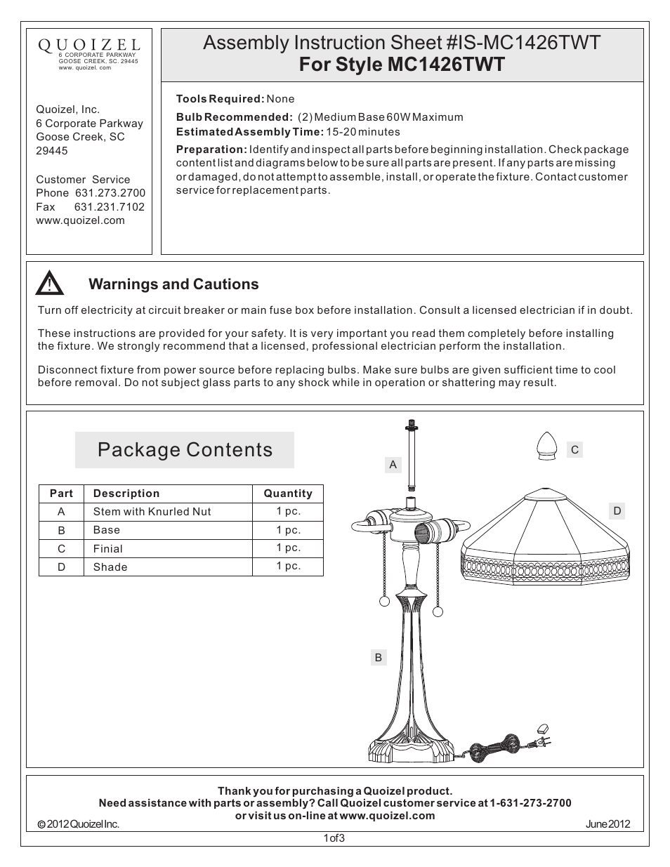Quoizel MC1426TWT Mica User Manual | 3 pages