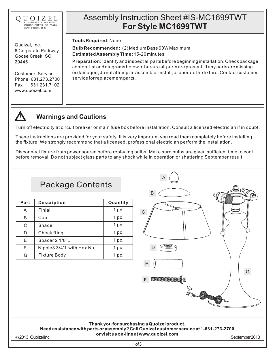 Quoizel MC1699TWT Mica User Manual | 3 pages