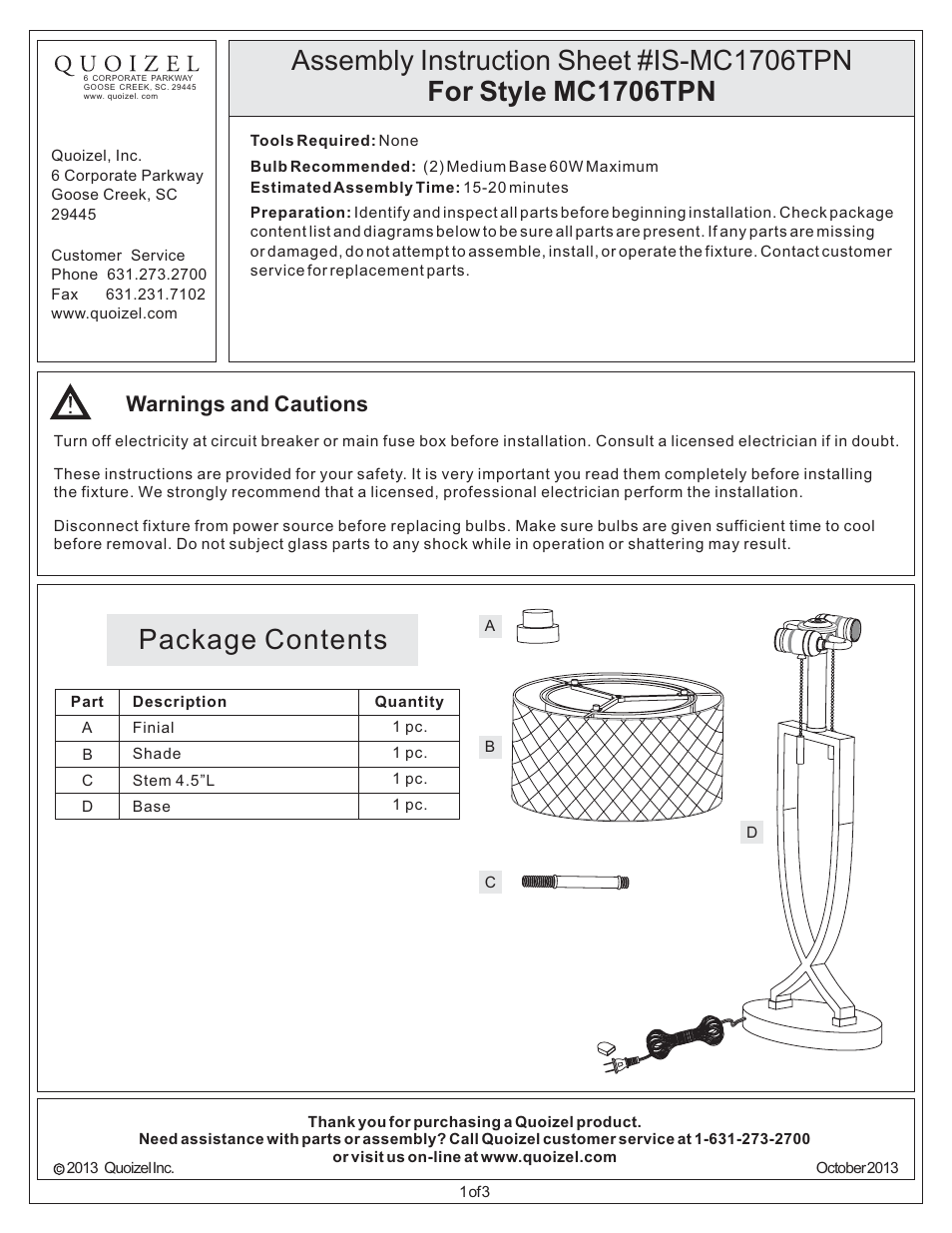 Quoizel MC1706TPN Mica User Manual | 3 pages