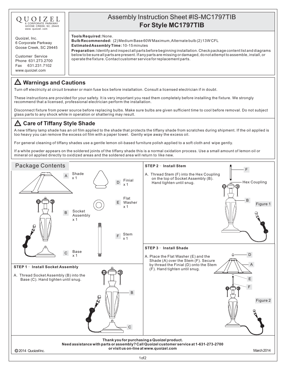 Quoizel MC1797TIB Mica User Manual | 2 pages