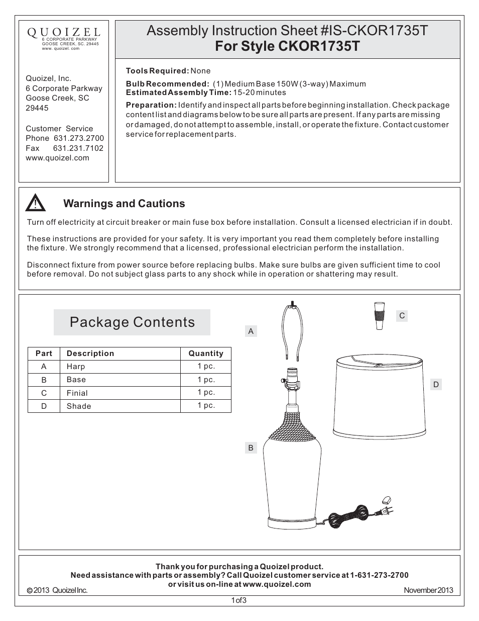 Quoizel CKOR1735T Moors User Manual | 3 pages