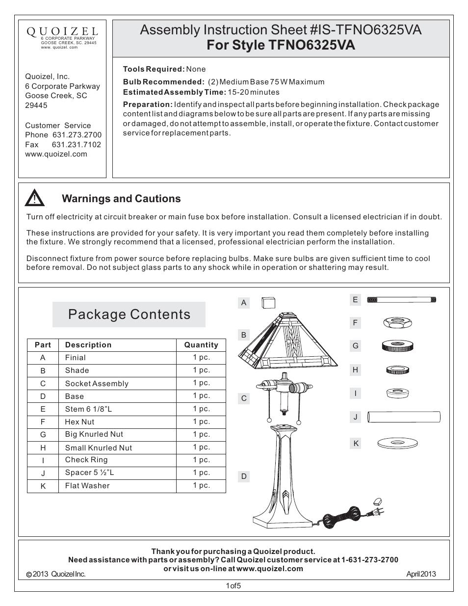 Quoizel TFNO6325VA Navajo User Manual | 5 pages