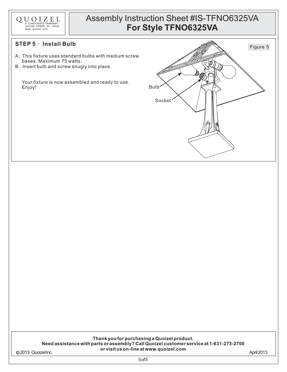 Quoizel TFNO6325VA Navajo User Manual | Page 5 / 5