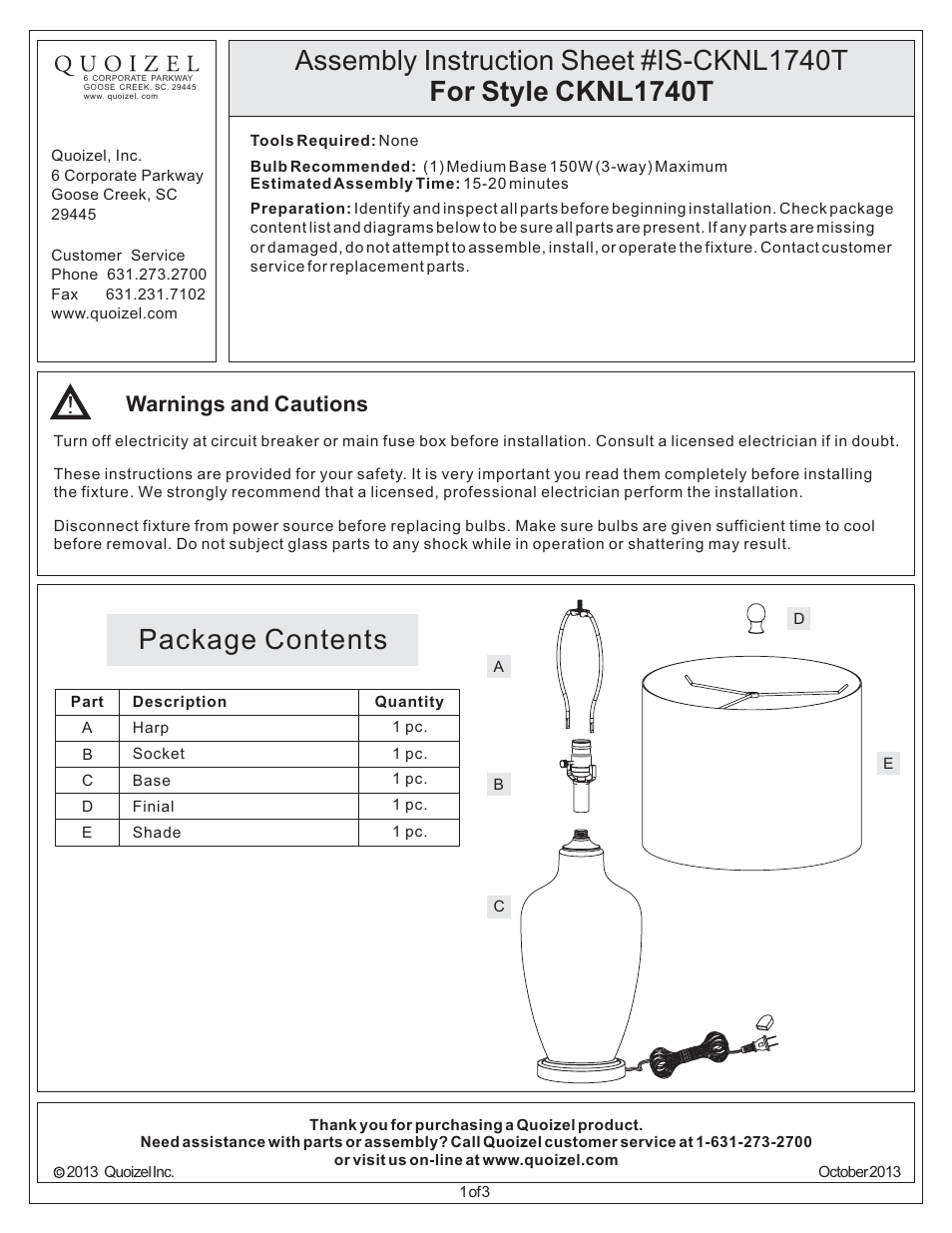 Quoizel CKNL1740T Nicolls User Manual | 3 pages