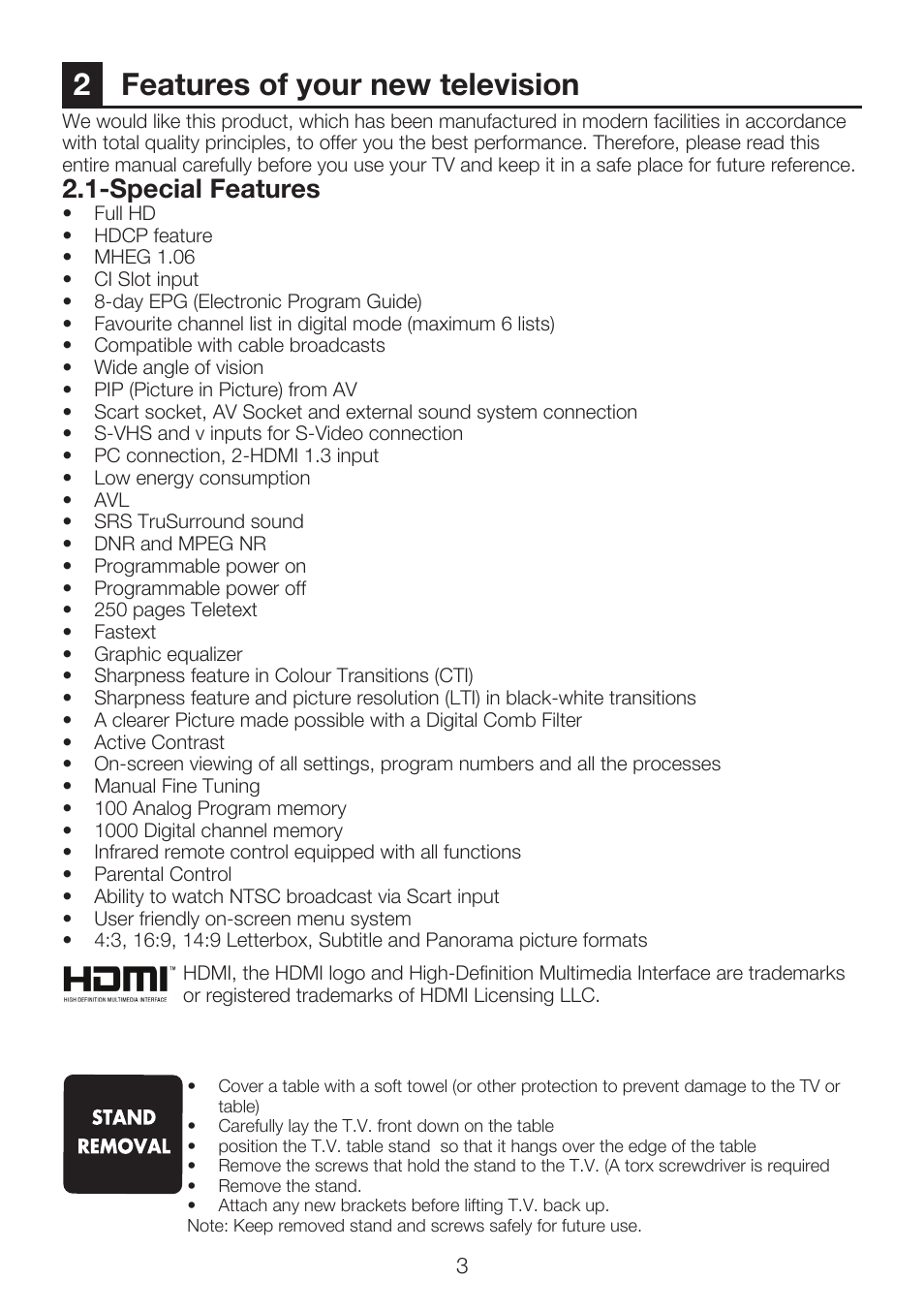 2features of your new television, Special features | Beko 37WLU550FHID User Manual | Page 5 / 37