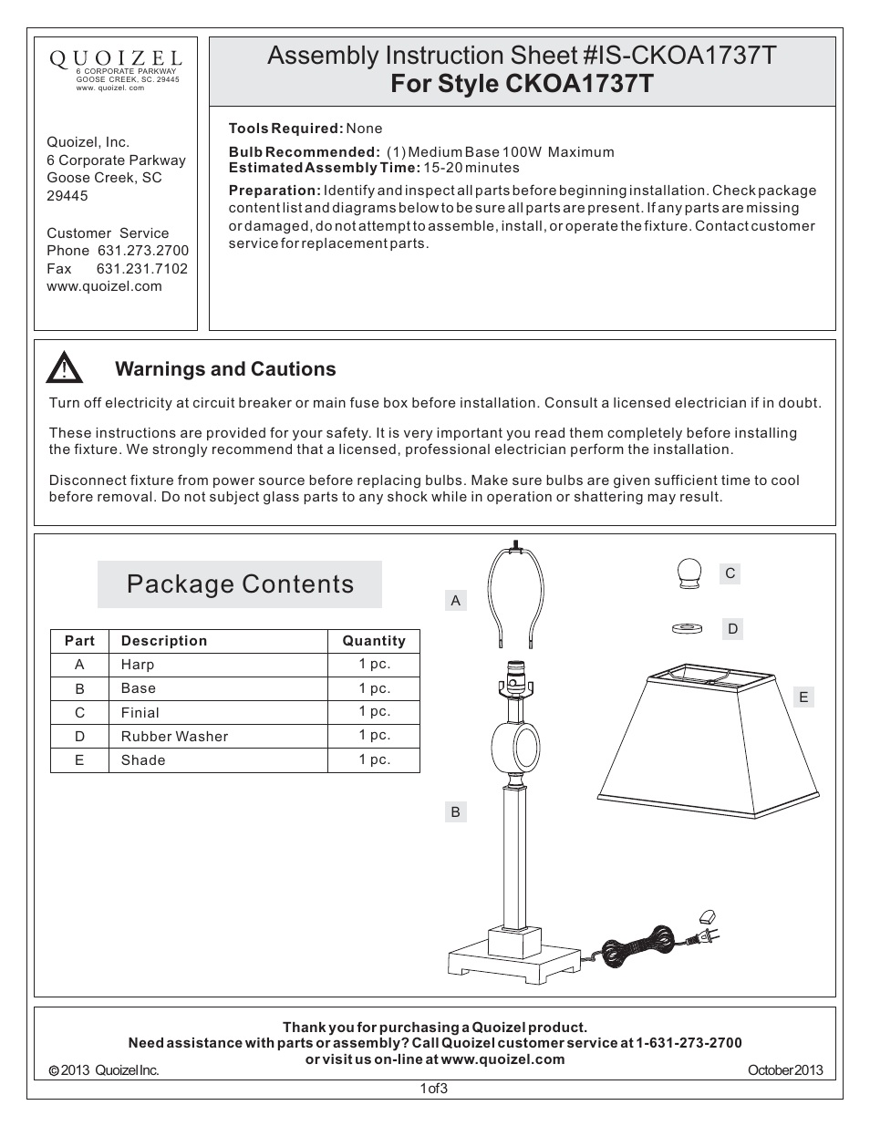 Quoizel CKOA1737T Odessa User Manual | 3 pages