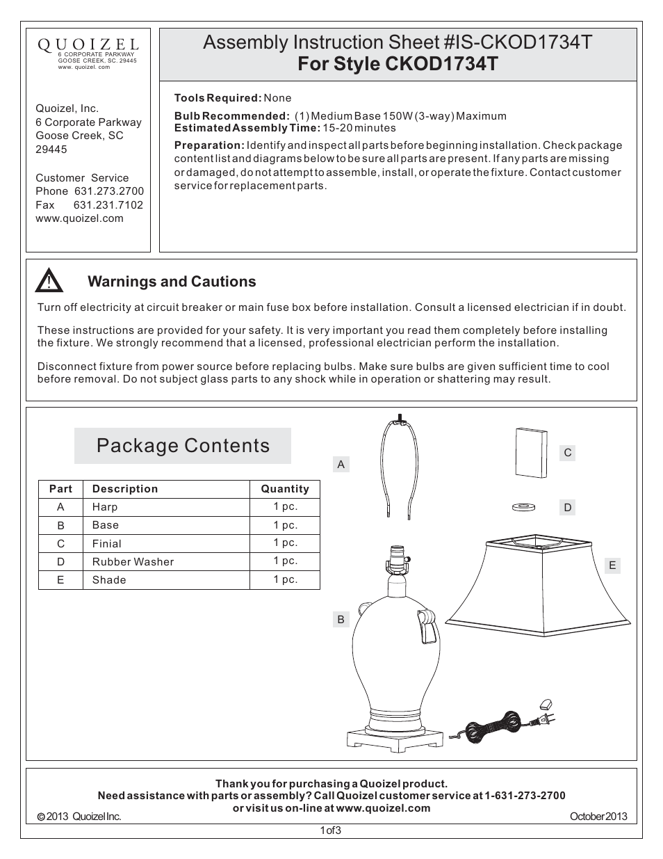 Quoizel CKOD1734T Orland User Manual | 3 pages