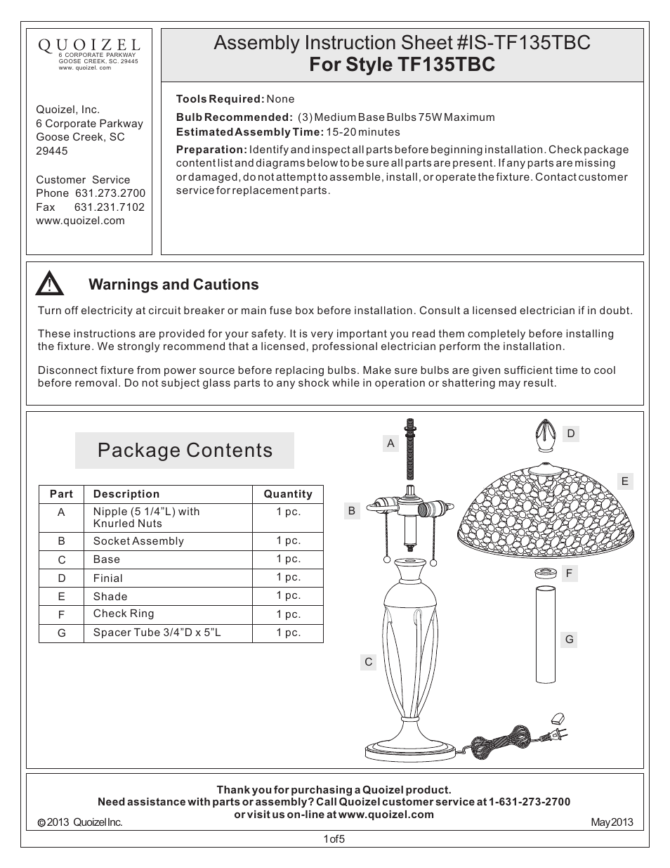 Quoizel TF135TBC Pomez User Manual | 5 pages