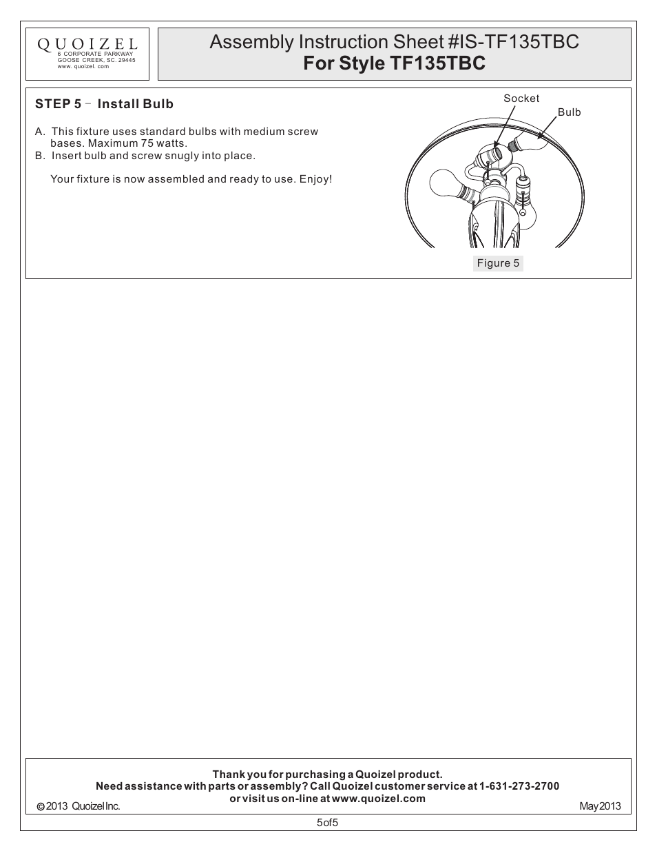 Quoizel TF135TBC Pomez User Manual | Page 5 / 5