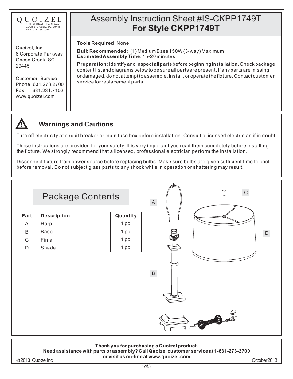 Quoizel CKPP1749T Prospect User Manual | 3 pages