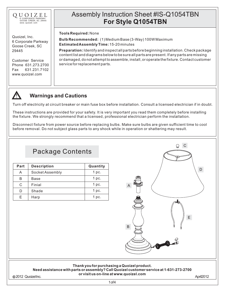 Quoizel Q1054TBN Quoizel Portable Lamp User Manual | 4 pages