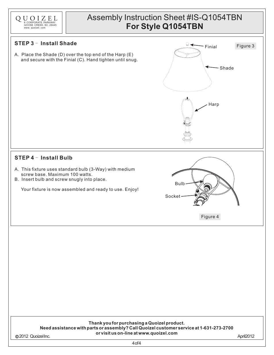 Quoizel Q1054TBN Quoizel Portable Lamp User Manual | Page 4 / 4