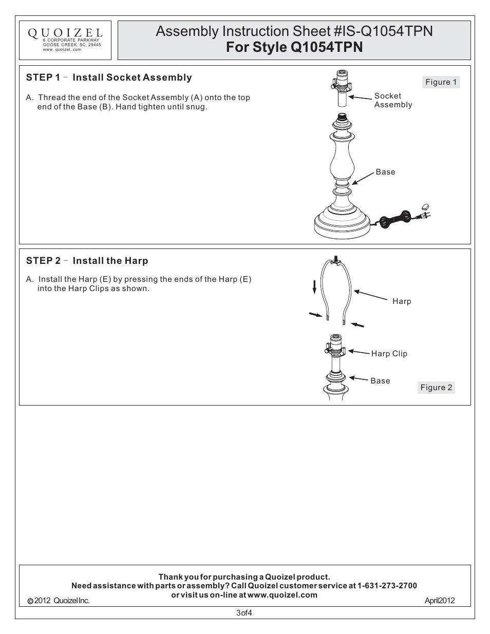 Quoizel Q1054TPN Quoizel Portable Lamp User Manual | Page 3 / 4