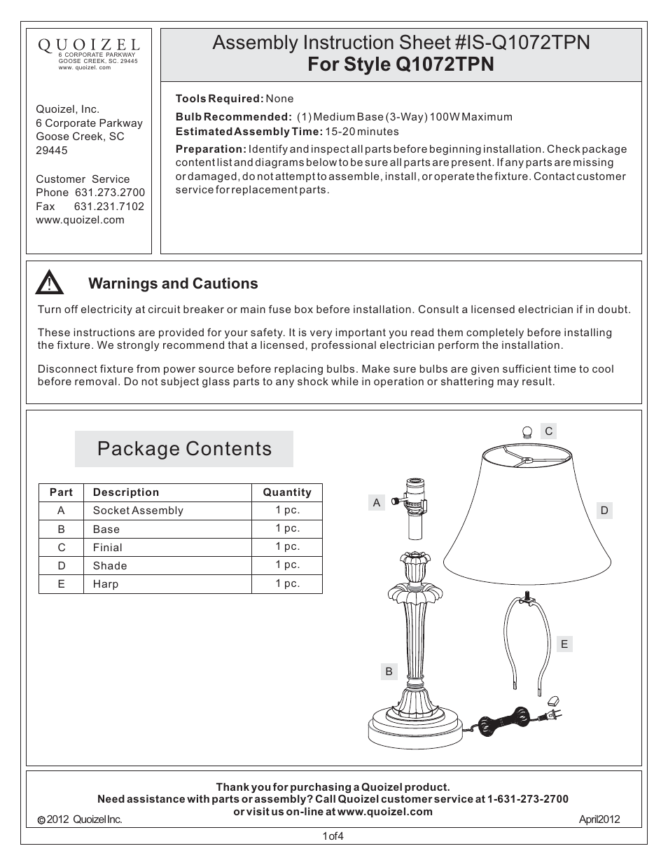 Quoizel Q1072TPN Quoizel Portable Lamp User Manual | 4 pages