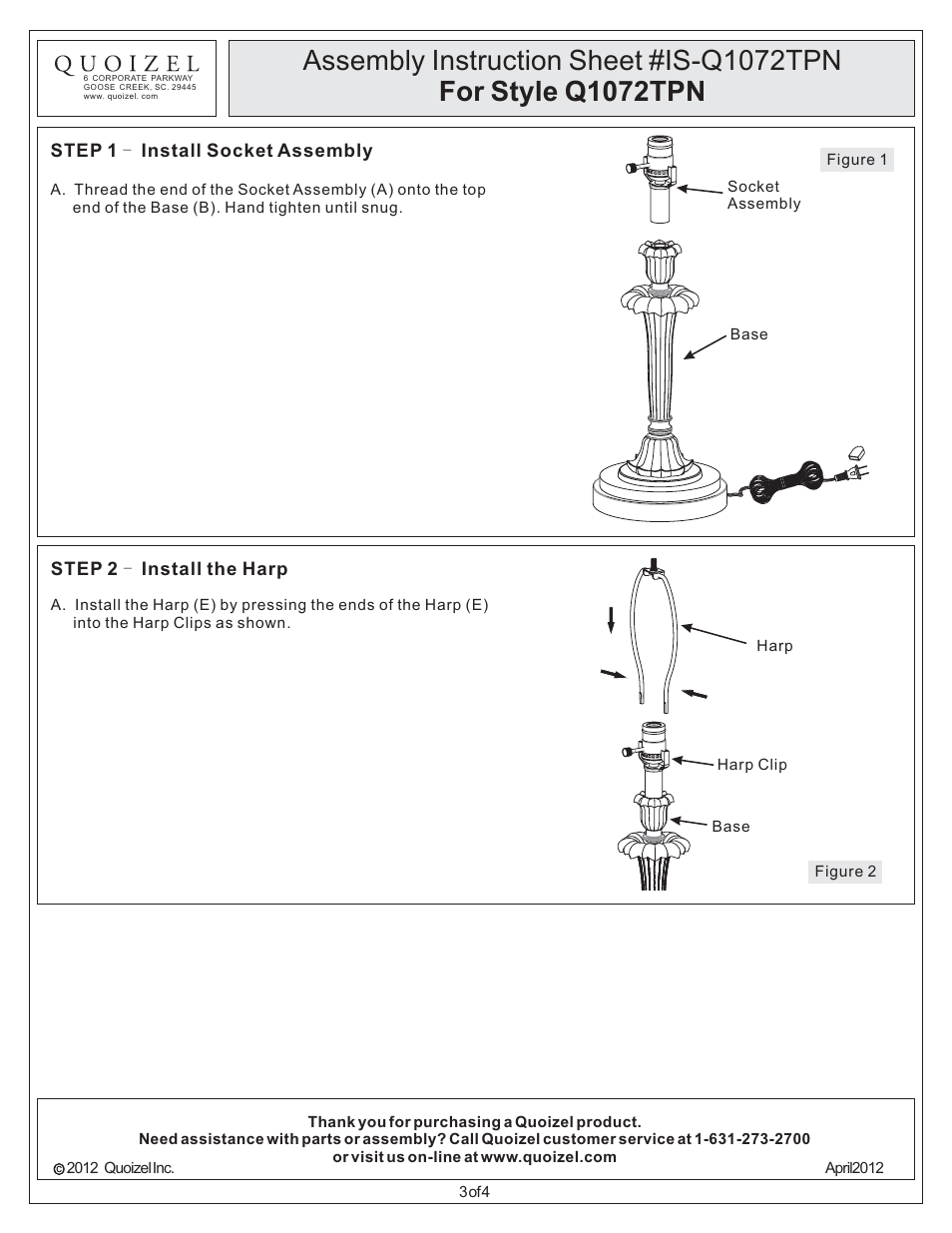 Quoizel Q1072TPN Quoizel Portable Lamp User Manual | Page 3 / 4