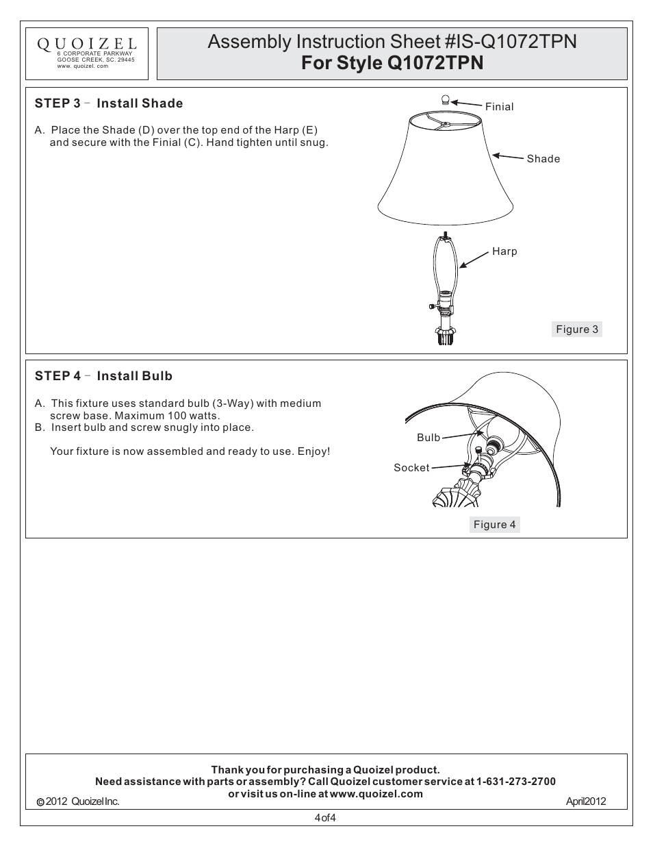 Quoizel Q1072TPN Quoizel Portable Lamp User Manual | Page 4 / 4