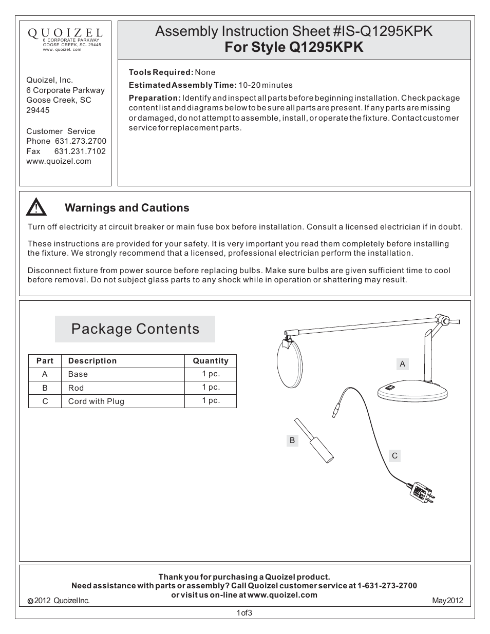 Quoizel Q1295KPK Quoizel Portable Lamp User Manual | 3 pages