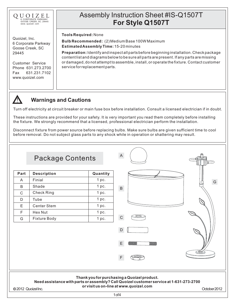 Quoizel Q1507T Quoizel Portable Lamp User Manual | 4 pages