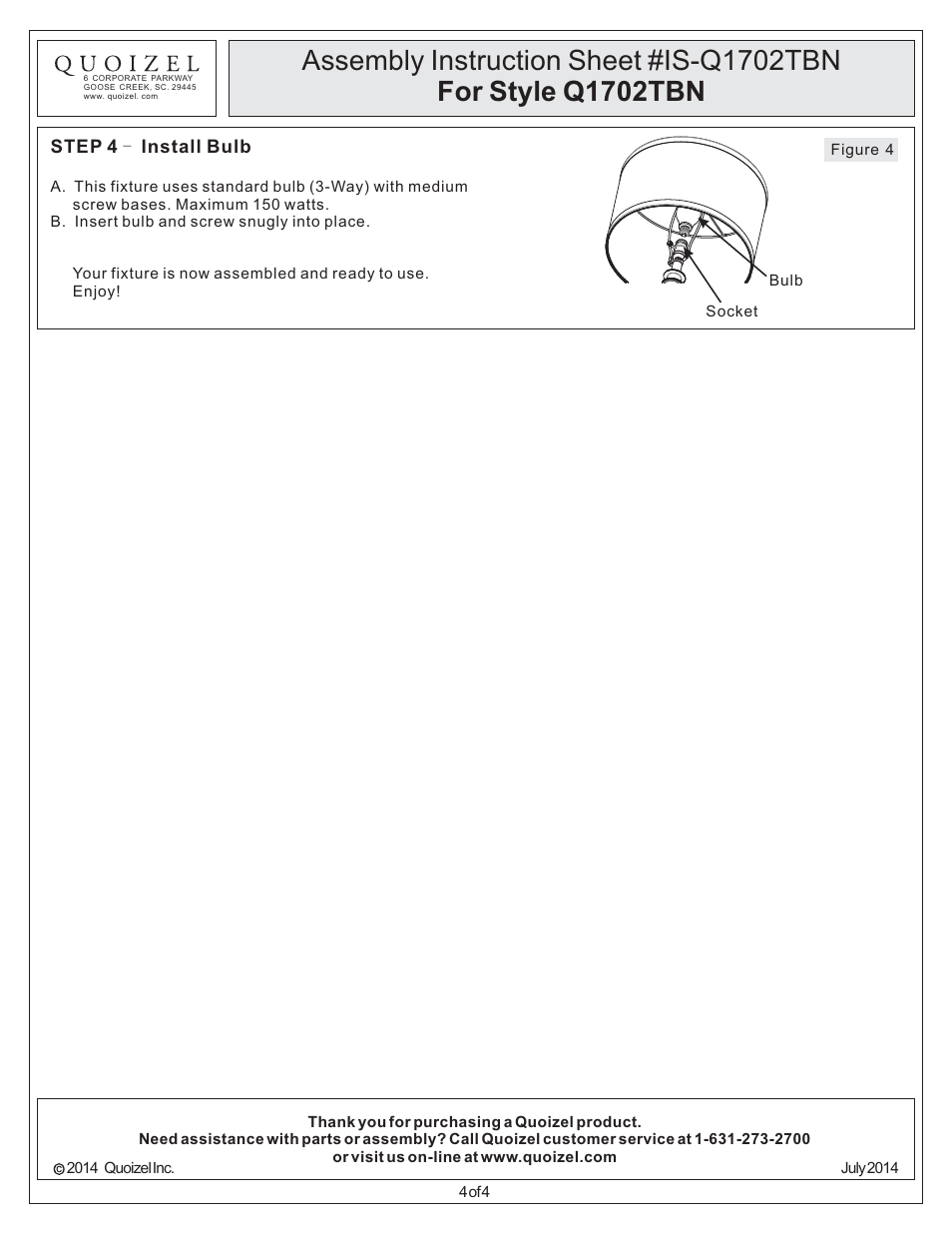 Quoizel Q1702TBN Quoizel Portable Lamp User Manual | Page 4 / 4