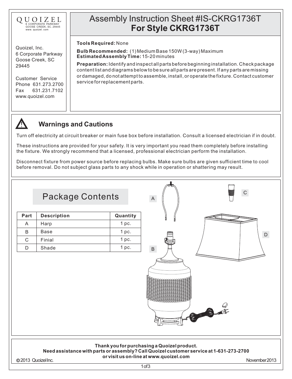 Quoizel CKRG1736T Rigging User Manual | 3 pages