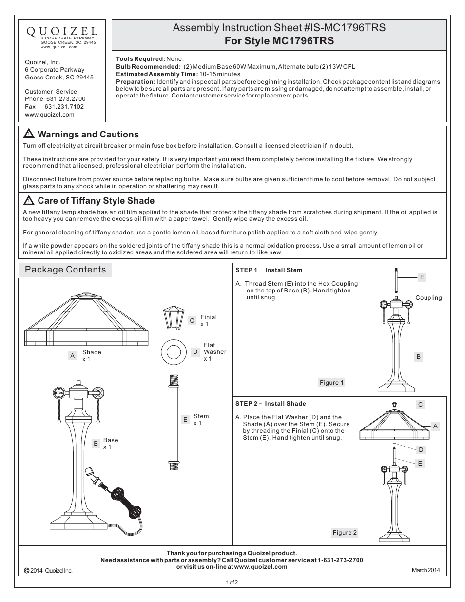 Quoizel MC1796TRS Tiffany User Manual | 2 pages