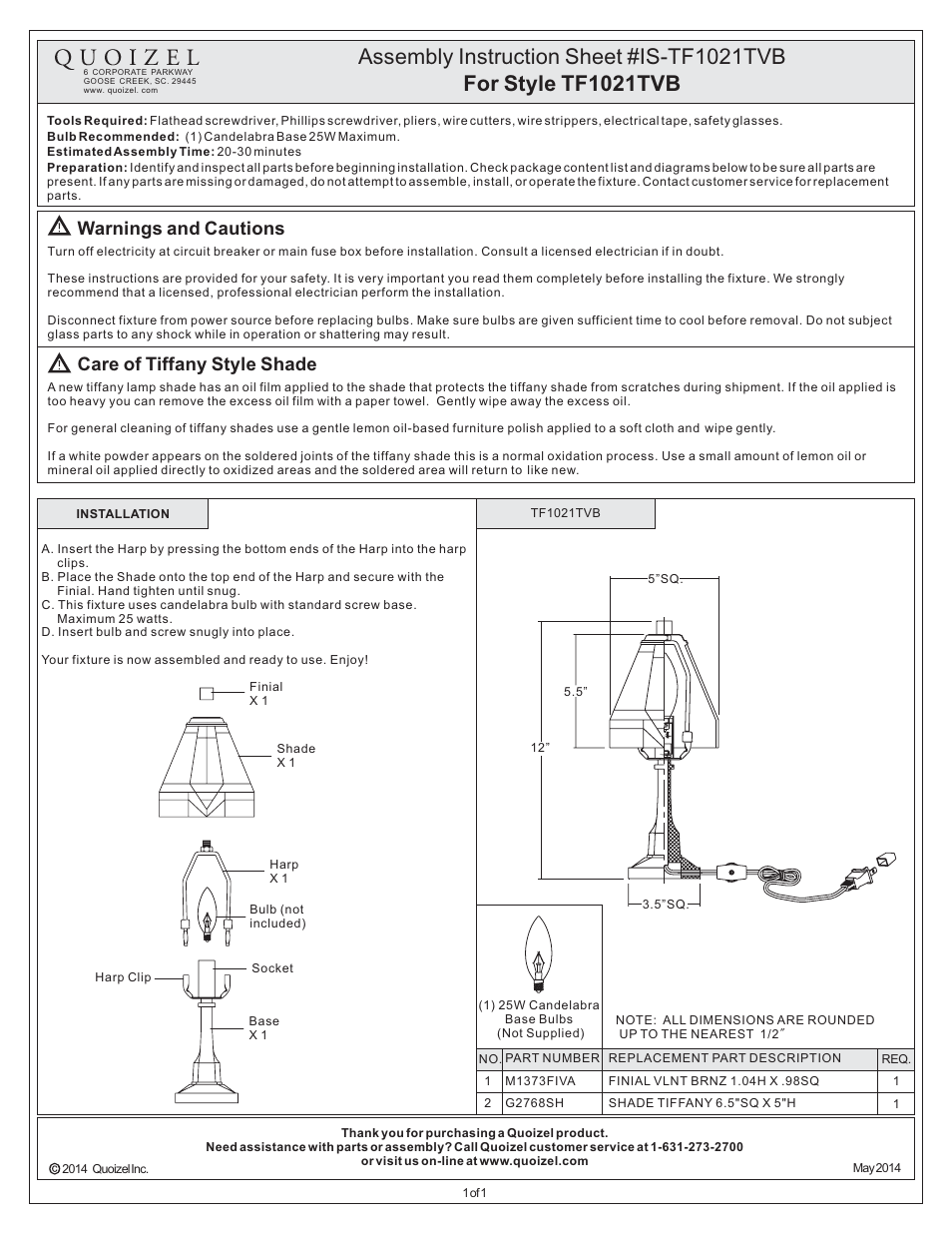 Quoizel TF1021TVB Tiffany User Manual | 1 page